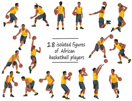 Set of 18 isolated vector figures of African basketball team players in various poses and motion on a white backgroundのイラスト素材