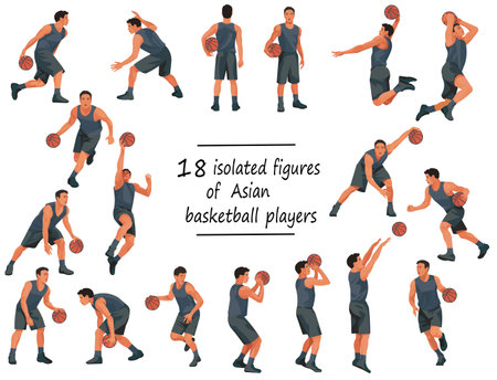 18 vector isolated figures of Asian basketball players in jerseys in various poses and stances on a white backgroundのイラスト素材