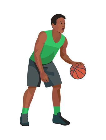 Vector isolated figure of a dark-skinned basketball player who stands and hits the ball with one hand on a white backgroundのイラスト素材