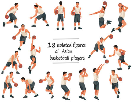 18 vector isolated figures of Asian basketball players in jerseys in various poses and stances on a white backgroundのイラスト素材