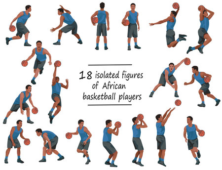 Set of 18 vector isolated figures of African basketball players in various poses in motion on white backgroundのイラスト素材