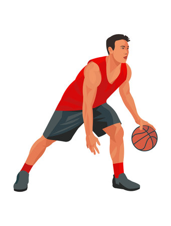 Vector isolated figure of a Japanese dribbling basketballer playing at a championship on a white backgroundのイラスト素材