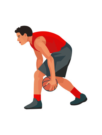 Vector isolated figure of an Asian basketball player who performs a deceptive maneuver with a ball on a white backgroundのイラスト素材