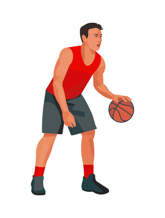 Vector isolated figure of an Asian basketball player who stands and hits the ball with one hand on a white backgroundのイラスト素材