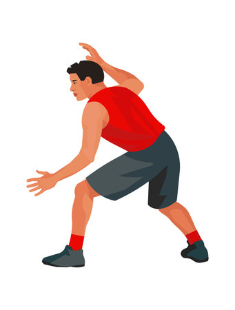 Vector isolated figure of an Asian basketball player defending the basket from an attack on a white backgroundのイラスト素材