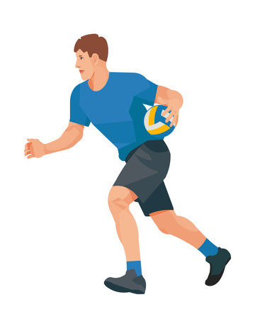 Vector isolated figure of a running volleyballer with the ball on a white backgroundのイラスト素材