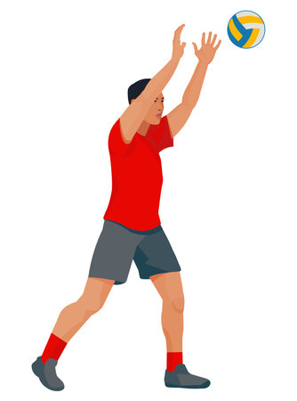 Vector isolated figure of a standing Korean volleyball player throwing a ball forward with two hands on a white backgroundのイラスト素材