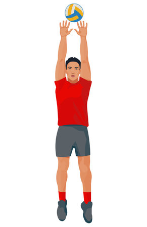 Vector isolated figure of an Asian volleyballer blocking the ball on a white backgroundのイラスト素材