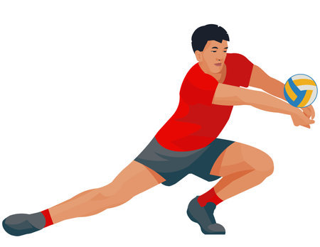 Vector isolated figure of an Asian volleyballer bumping the ball on a white backgroundのイラスト素材
