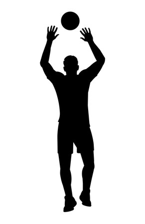 Vector isolated silhouette of a volleyballer blocking the ball on a white backgroundのイラスト素材