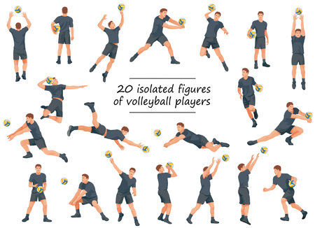 Team of 20 volleyball players isolated figures running, jumping, catching, throwing the ball on white backgroundのイラスト素材