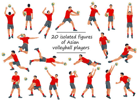 20 isolated figures of Korean or Chinese volleyball players running, jumping, catching, throwing the ball on white backgroundのイラスト素材