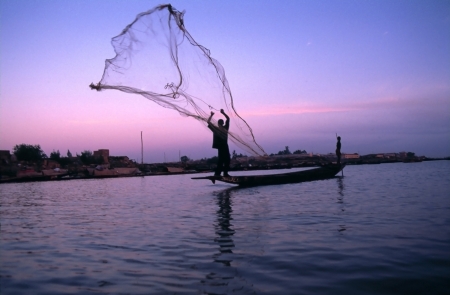throwing fishing net at sunriseの写真素材