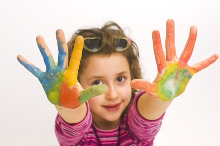 cute girl with hands paintedの写真素材