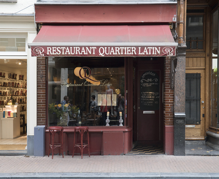 Front view on traditional spanish restaurant Quartier Latin at the Utrechtsestraat, August 13th 2016 in Amsterdam the Netherlandsのeditorial素材