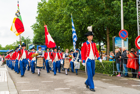 Nijmegen July 19 2017: Swiss Military drum band entering Nijmegen during the Flag parade of the 101st 4Days walking marchのeditorial素材