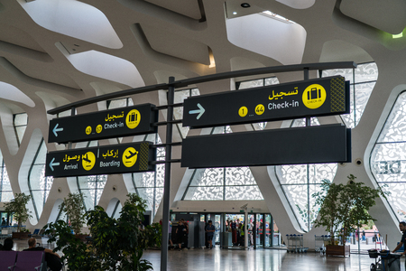 Marrakech, Morocco May 20 2017: Signage in the new departure hall of the Marrakech airportのeditorial素材