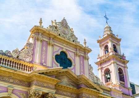 Salta, Argentina - February 3th 2019, Top part of the Catedral Basilica de Salta at the city park 'Plaza 9 de Julio' square July the 9thのeditorial素材