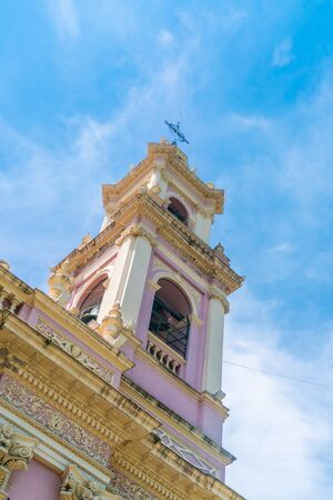 On of the towers of the Catedral Basilica de Salta at the city park 'Plaza 9 de Julio' square July the 9thのeditorial素材