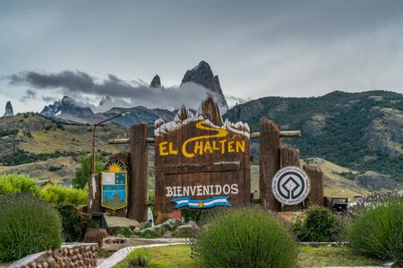 El Chalten, Argentina. 12th March 2019 - Welcome sign at the entrance of the town of El Chalten, Patagonia, Argentinaのeditorial素材