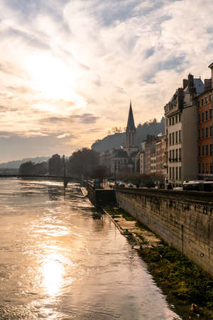 Lyon, France 3rd January 2020 - View over the Saone river at sunset with in the background the old houses of old Lyonのeditorial素材