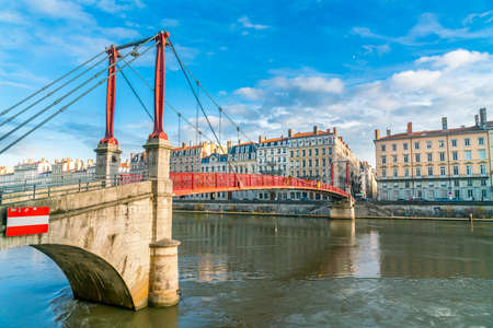 Lyon, France 3rd January 2020 - People crossing the Saone River on the Passarelle St. Georges (gangway Saint George) bridgeのeditorial素材