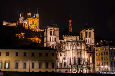 Lyon, France 3rd January 2020 - Cathedral of Lyon with in the background the Notre Dame de Fourviere on the hill in the old part of Lyonのeditorial素材