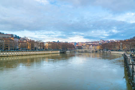 Lyon, France 3rd January 2020 - People crossing the Saone River on the Passarelle St. Georges (gangway Saint George) bridgeのeditorial素材