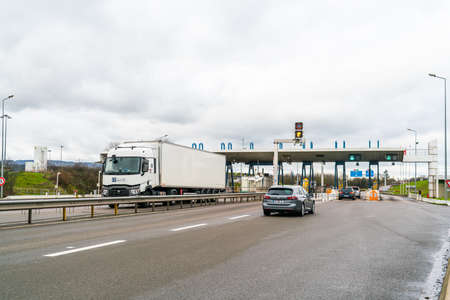 Macon, France 4th Jan 2020 - Gare de (toll station of) Macon Sud on the A6 Highway also known as the route du soleil (way to the sun) in the center part of Franceのeditorial素材