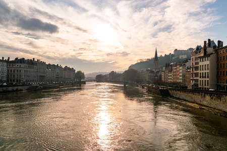 Lyon, France 3rd January 2020 - View over the Saone river at sunset with in the background the old houses of old Lyonのeditorial素材