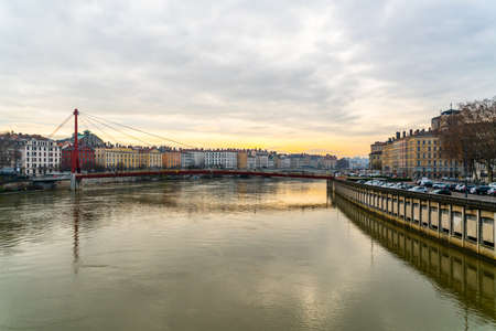 Lyon, France 3rd January 2020 - View over the Saone river with in the background the colourfull old houses of old Lyonのeditorial素材