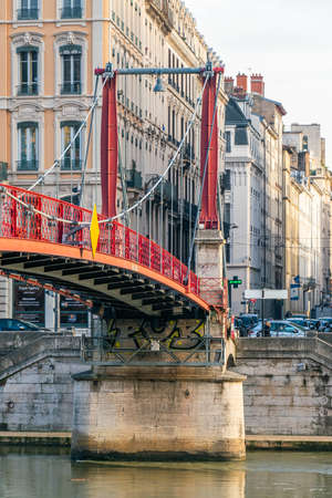 Lyon, France 3rd January 2020 - People crossing the Saone River on the Passarelle St. Georges (gangway Saint George) bridgeのeditorial素材