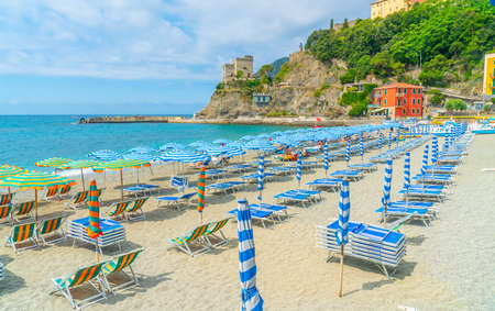 Cinque Terre, Italy - july 1st 2020 - Empty beach due to Corona in Monterosso al Mare, one of the towns known as Cinque Terre at the Medeteranian coast of Italy on a sunny Corona day in summerのeditorial素材