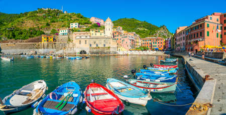 Cinque Terre, Italy - July 1st 2020 - Overview of the very quiet village Vernazza due to Corona, one of the towns known as Cinque Terre at the Medeteranian coast of Italy on a sunny Corona day in summerのeditorial素材