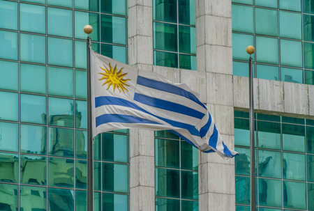 Uruguay Flag on the Independance square (Plaza Indepencia) in Montevideo, Uruguayの写真素材