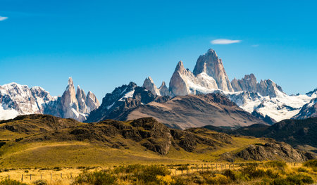 Mountain El Chalten and Cerro Torre at the Los Glaciares National Park in Patagonia, Argentinaの写真素材