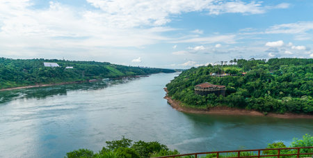 The three country point of Argentina, Brazil and Paraguay seen from the Argentinian side, Iguazu, Brazil, February 3th 2019の写真素材
