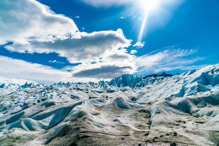 Top detail with low sun of the Perito Moreno Glacier in the national Glacier park near Calafate in Argentinaの写真素材
