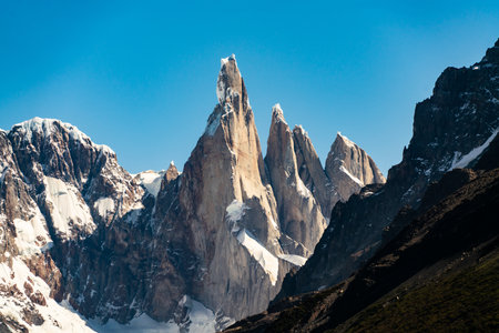 Mountain El Chalten and Cerro Torre at the Los Glaciares National Park in Patagonia, Argentinaの写真素材