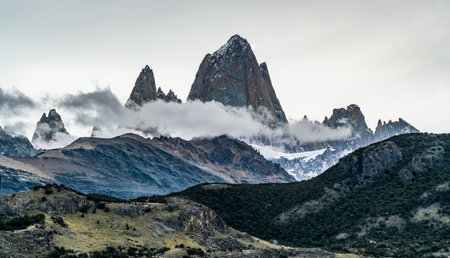Mountain El Chalten and Cerro Torre at the Los Glaciares National Park in Patagonia, Argentinaの写真素材