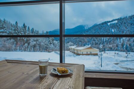 stunning mountain views from the window curd casserole with milk, pieの写真素材