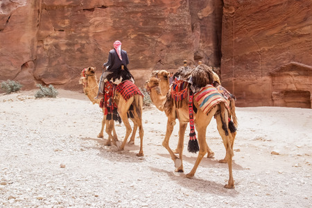 PETRA, JORDAN - APRIL 12, 2008: Unidentified people Petra siq in Jordan. Petra is a historical and archaeological city in the southern Jordanのeditorial素材