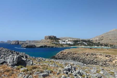 Landscape of the island of Rhodes with a view of the castle and the town of Lindosのeditorial素材