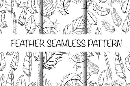 Set of vintage seamless hand sketched Doodle Pattern with Feathers. Vector Illustration with Swatchesのイラスト素材