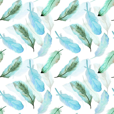 Seamless watercolor pattern with feathers. Vintage seamless pattern with feathers. Watercolor paint. Feathers pattern for wallpaper design. Watercolor seamless background.の写真素材