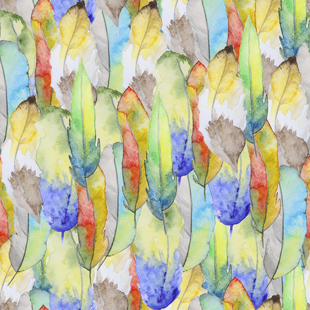 Seamless watercolor pattern with feathers. Vintage seamless pattern with feathers. Watercolor paint. Feathers pattern for wallpaper design. Watercolor seamless background.の写真素材