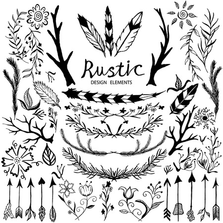 Hand-drawn vector floral design elements in rustic style. Vintage set of hand drawn rustic laurels. Floral vector graphic. Nature design elements.のイラスト素材