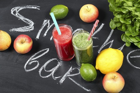 Fruit smoothies on a chalk board whith letters - Smoothie barの写真素材