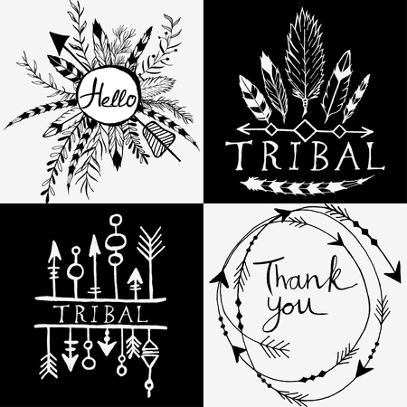 Hand-drawn vector floral design elements in tribal style. Vintage set of hand drawn tribal design element.  Whith lettersのイラスト素材