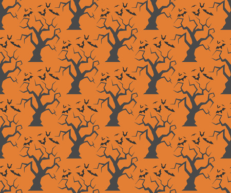 Seamless halloween curve trees whith bats  backgrounds. Vector hand-drawn illustration. Seamless pattern of halloween trees whith batsのイラスト素材
